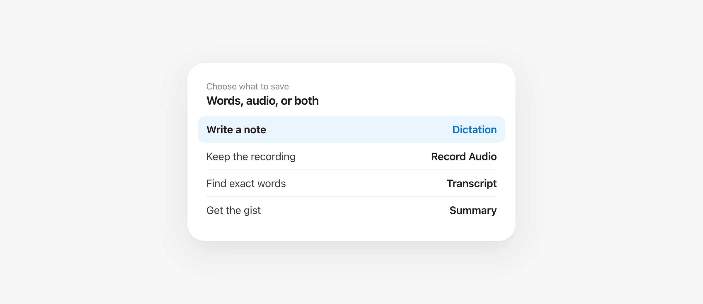 Apple Notes on Mac voice-to-text paths: dictate into note text, record audio with a transcript, or use a Mac dictation app.