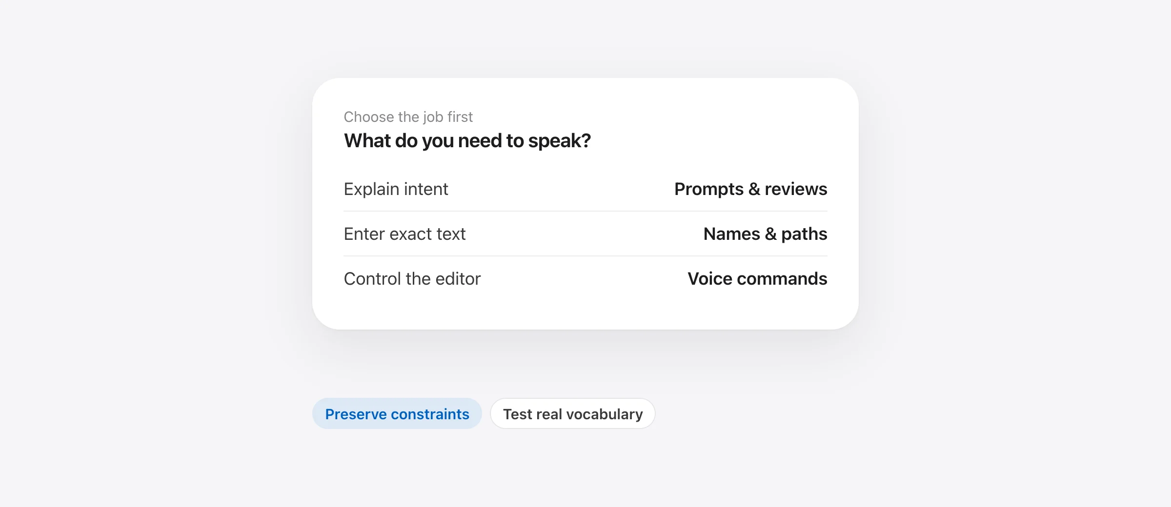 Developer voice workflows: dictate prompts and explanations, preserve exact identifiers, or use voice commands to control and edit code.