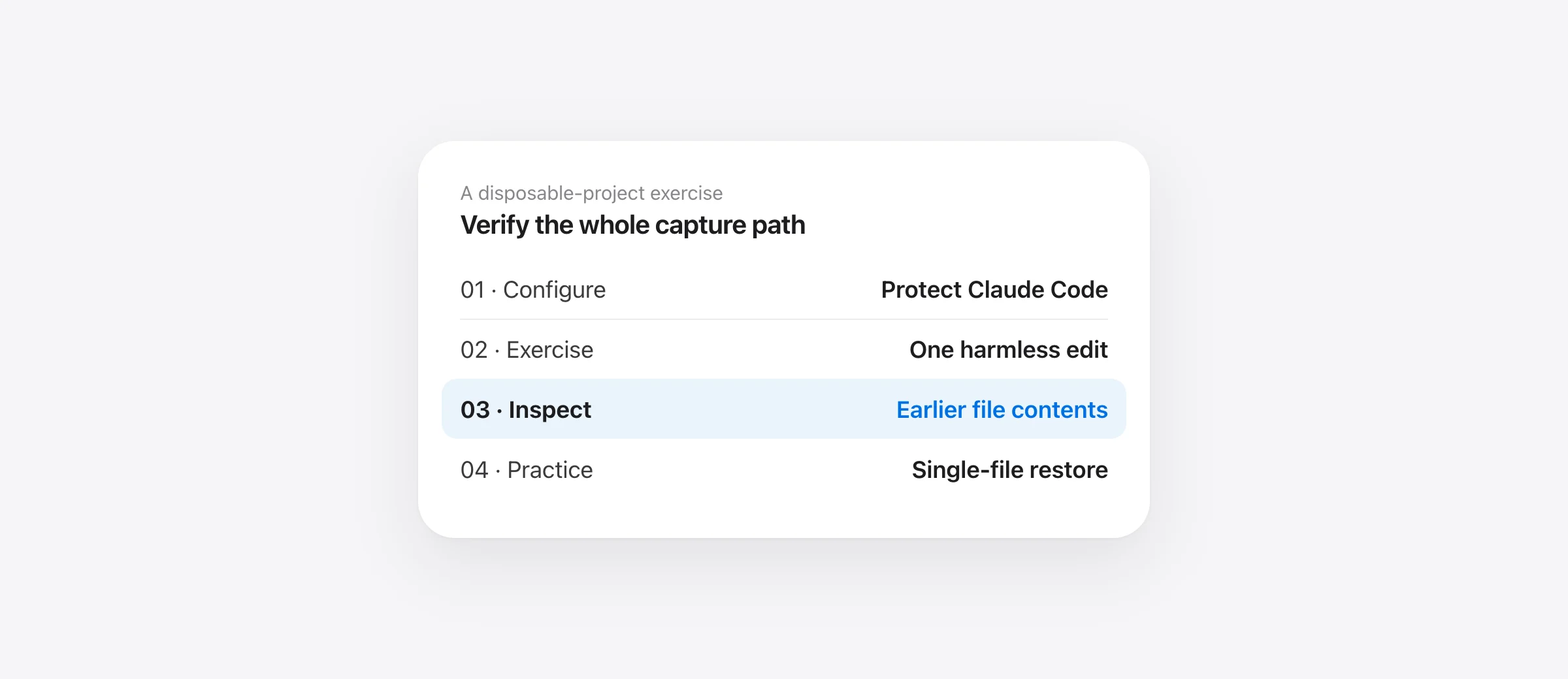 Claude Code backup verification sequence: install the hooks, submit a test prompt, find the snapshot and inspect an earlier file.
