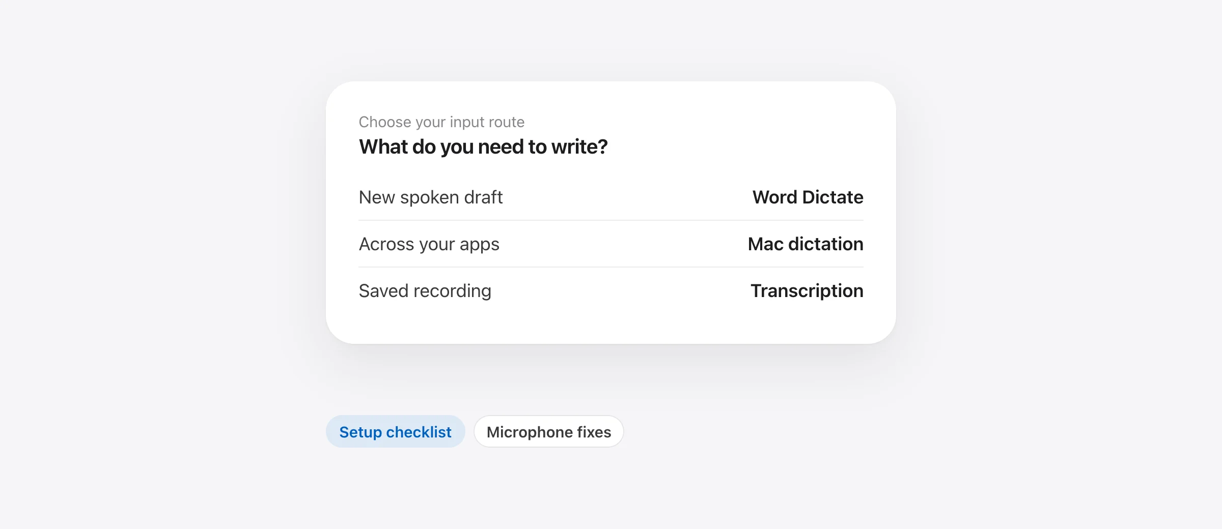 Three Word workflows on Mac: use Word Dictate, enter text with a Mac dictation app, or transcribe an existing recording.