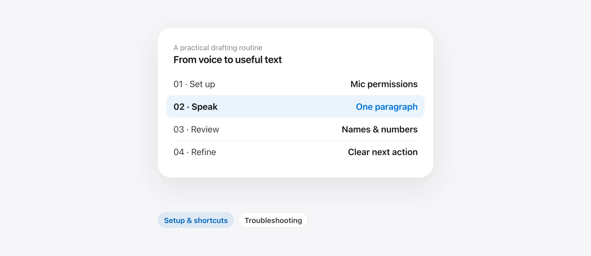 Google Docs dictation workflow on Mac: check microphone permissions, speak one paragraph, then review names, numbers and meaning.