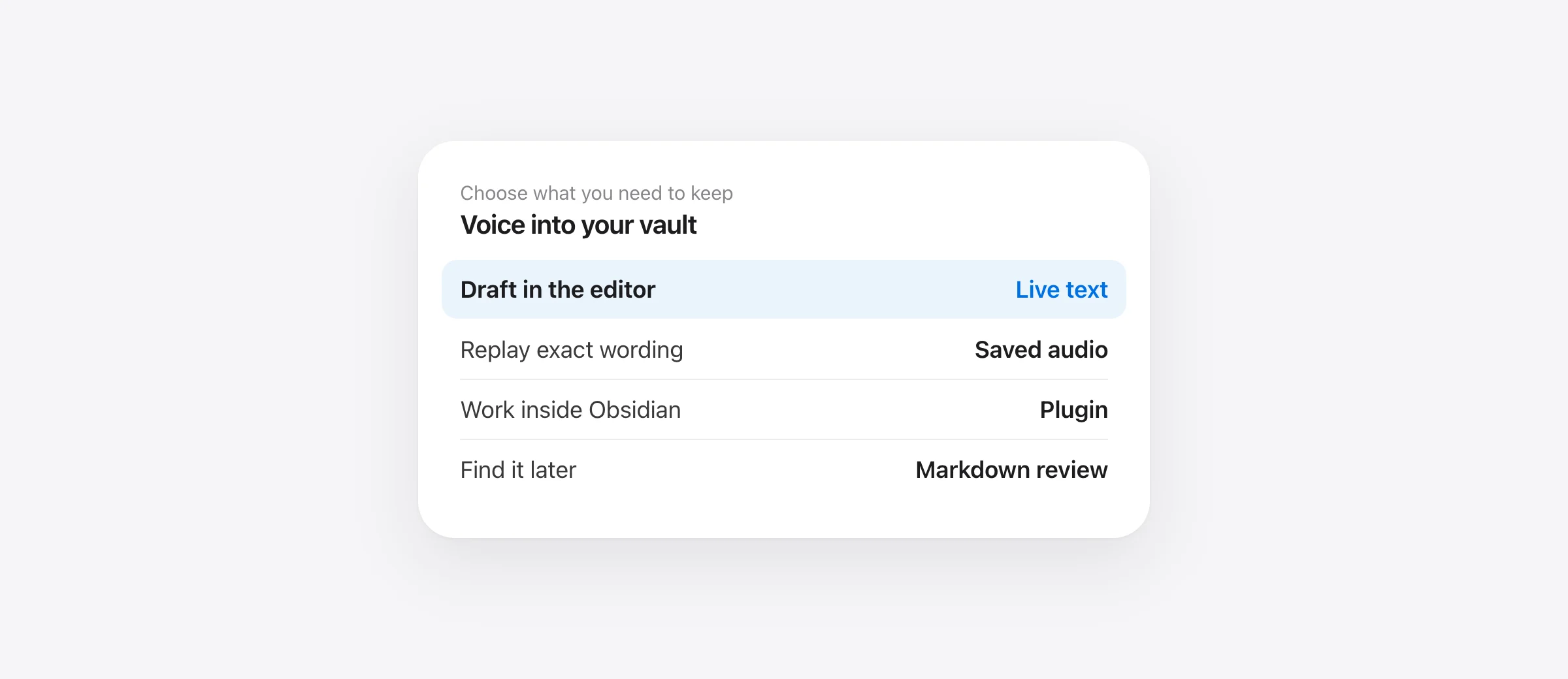 Three Obsidian voice-to-text routes on Mac: Mac Dictation, a local dictation app, and an Obsidian plugin, followed by a Markdown review.