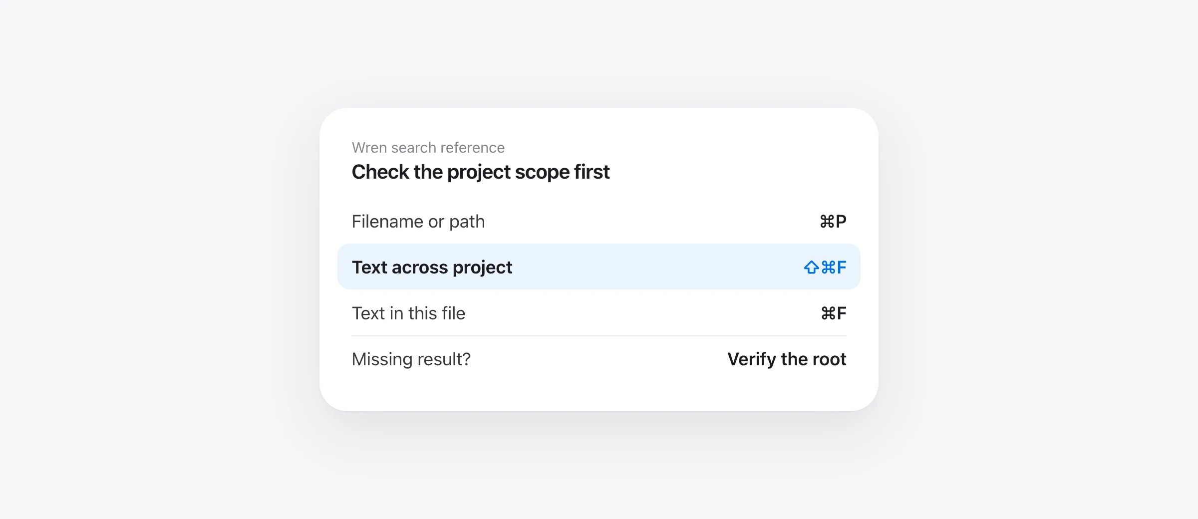 Markdown search reference: Command P for filenames, Shift Command F for project text, and a scope check before interpreting missing results.