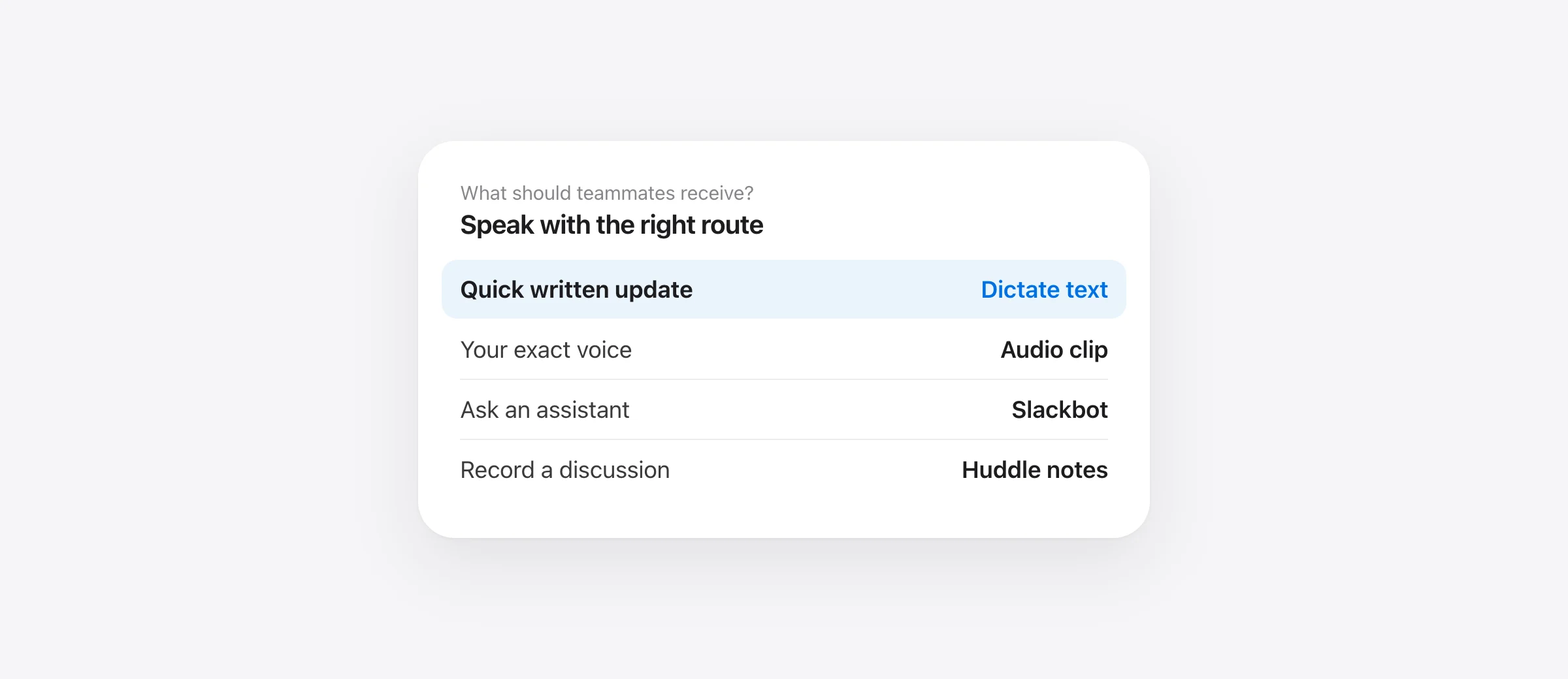 Four Slack voice routes on Mac: dictated message, audio clip, Slackbot voice prompt, and huddle notes.