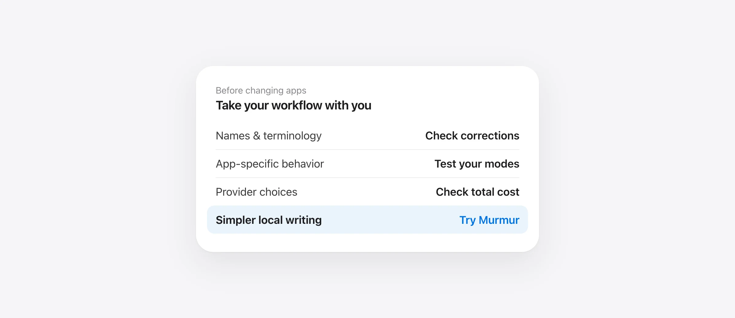 A Mac dictation migration plan showing vocabulary, prompts, providers and destination apps to preserve when replacing VoiceInk.