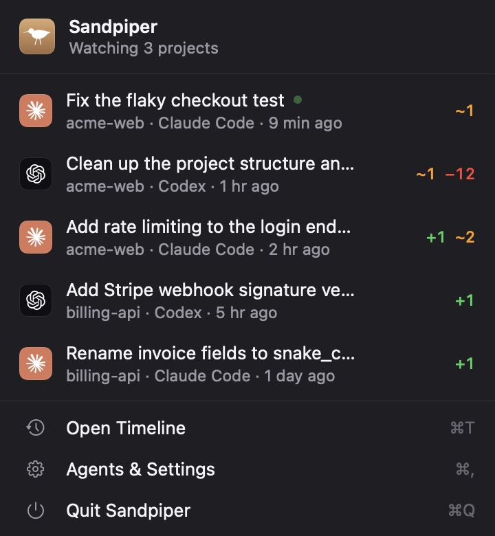 The Sandpiper menu: recent turns from Claude Code and Codex across projects, with the files each changed