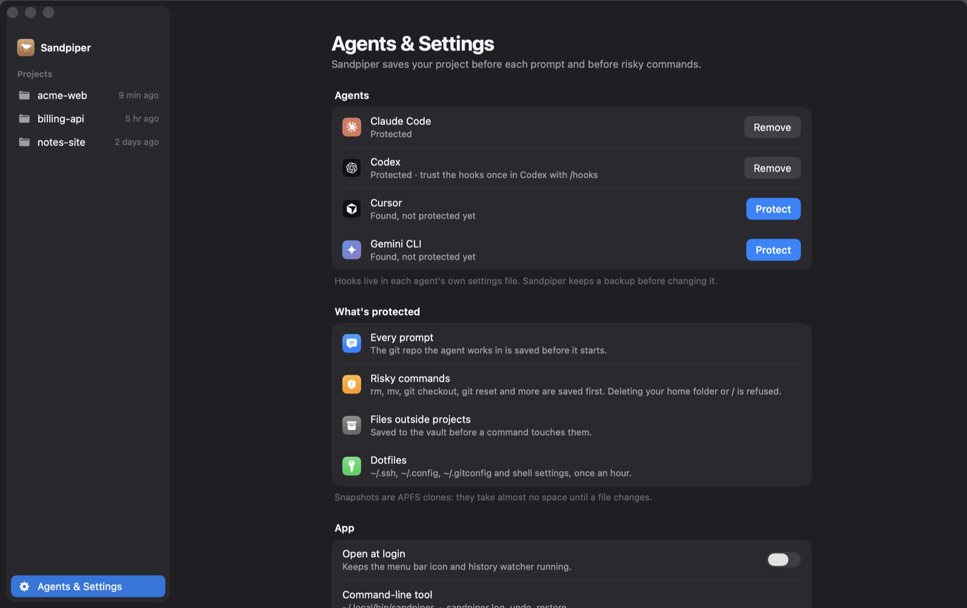 Sandpiper's Agents and Settings screen lists supported agents and their protection controls.