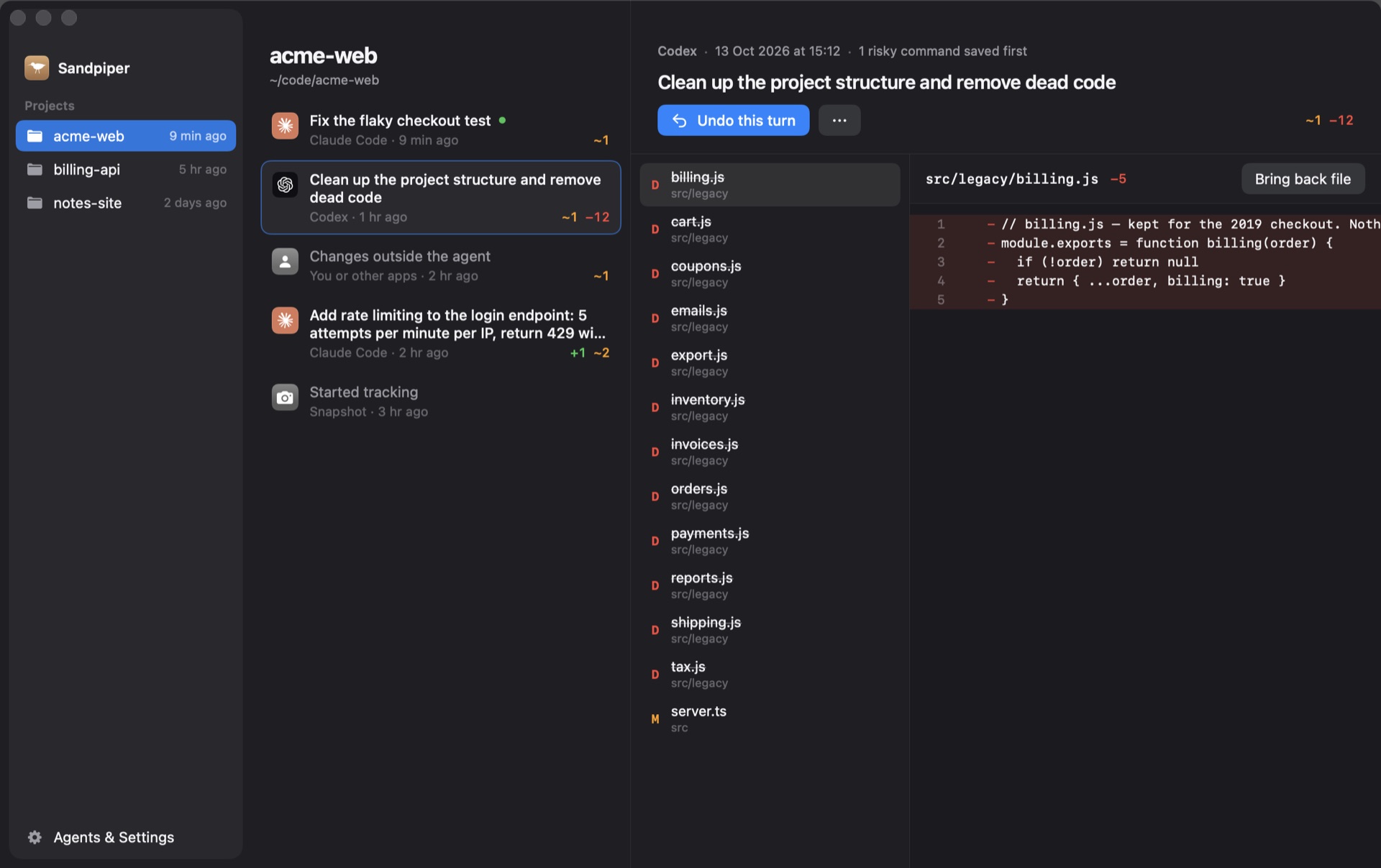 Sandpiper timeline showing a destructive command, deleted paths and the Undo this turn control