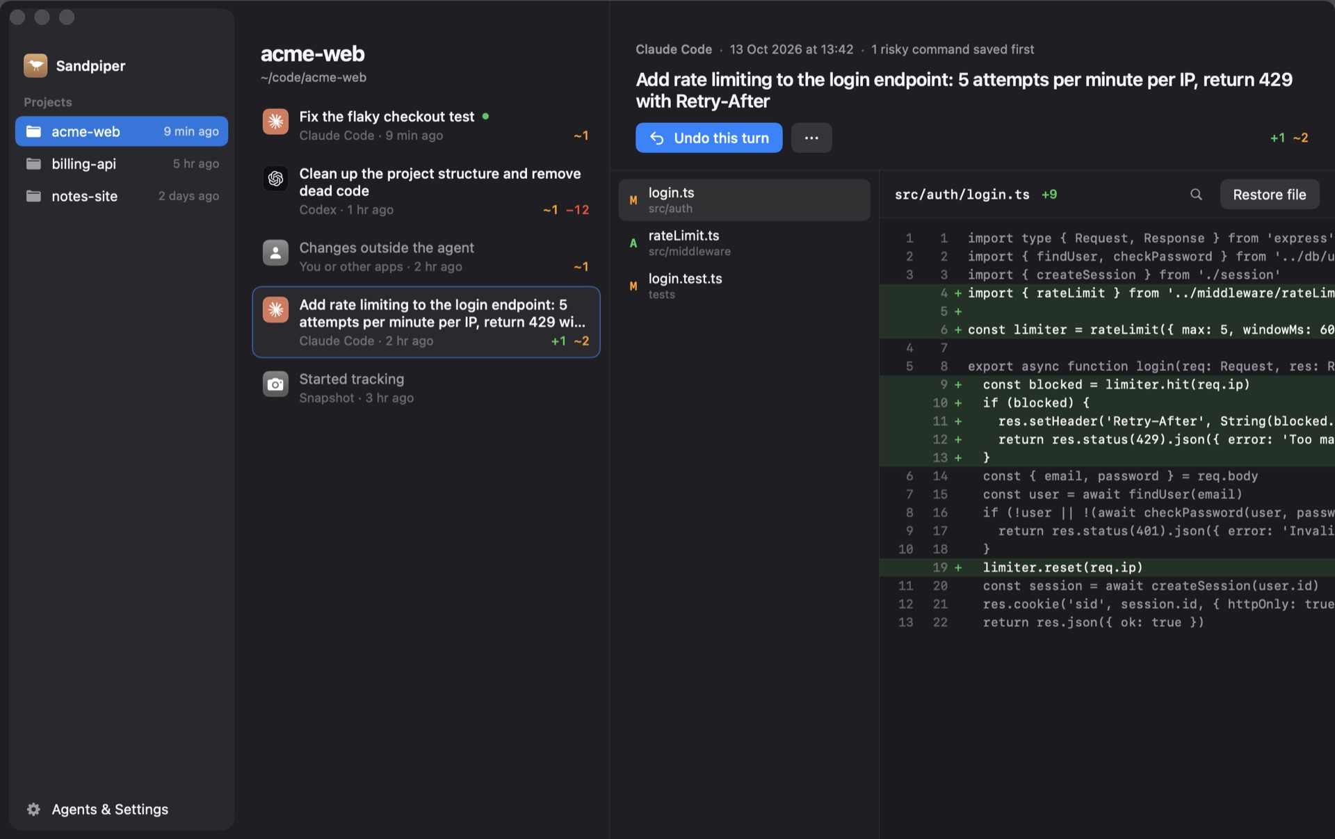 A Claude Code turn that added rate limiting, with the diff of login.ts