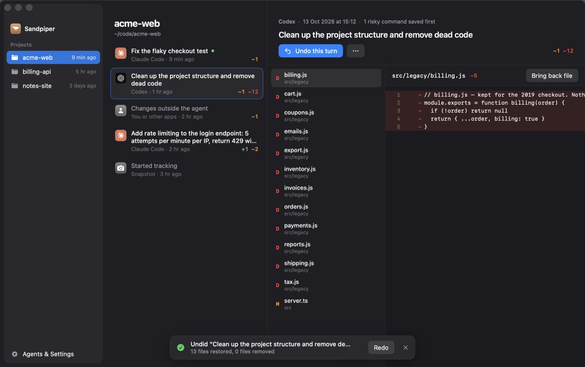 After Undo: 13 files restored, with a Redo button