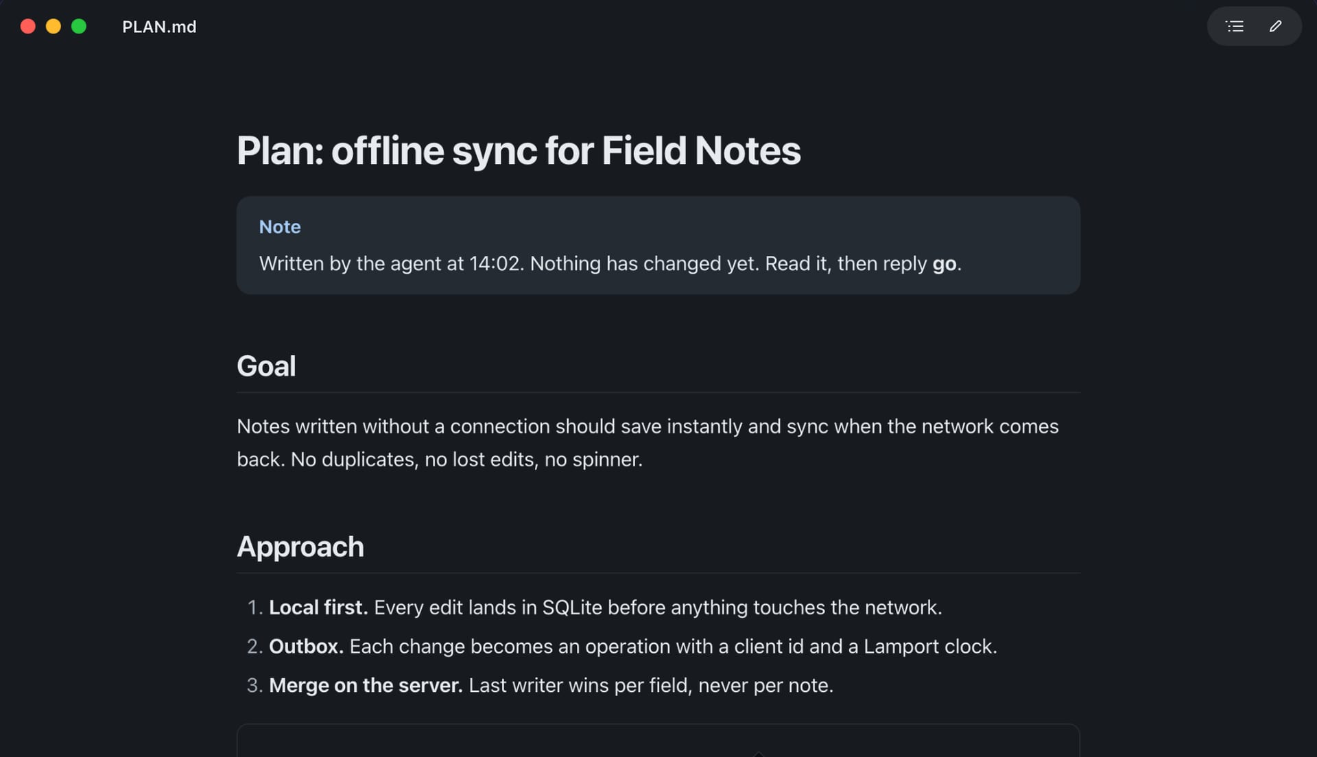 Wren showing PLAN.md, a plan file written by an AI agent, in its dark reading theme