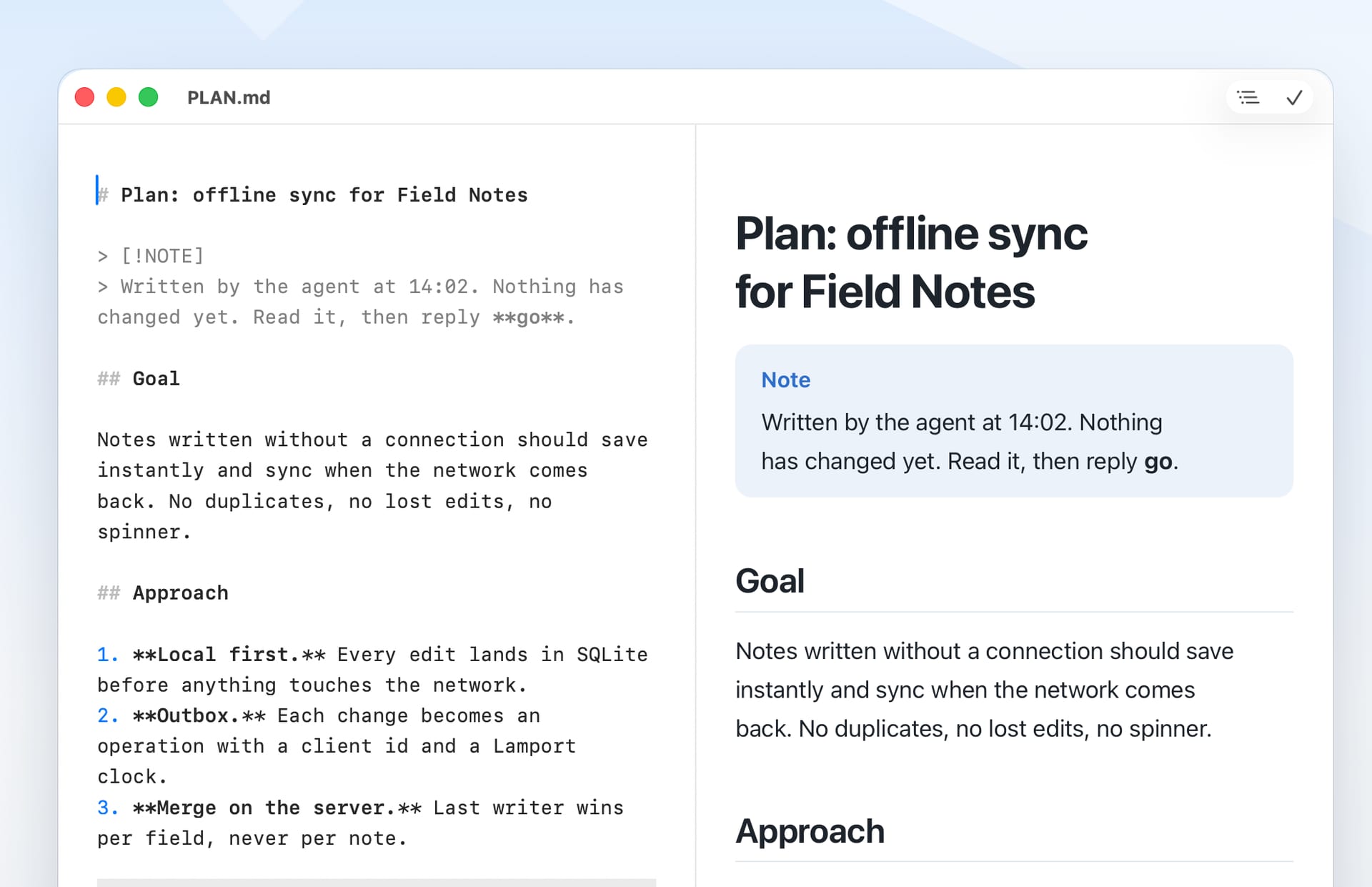Wren's split editor: Markdown source on the left, the rendered page on the right