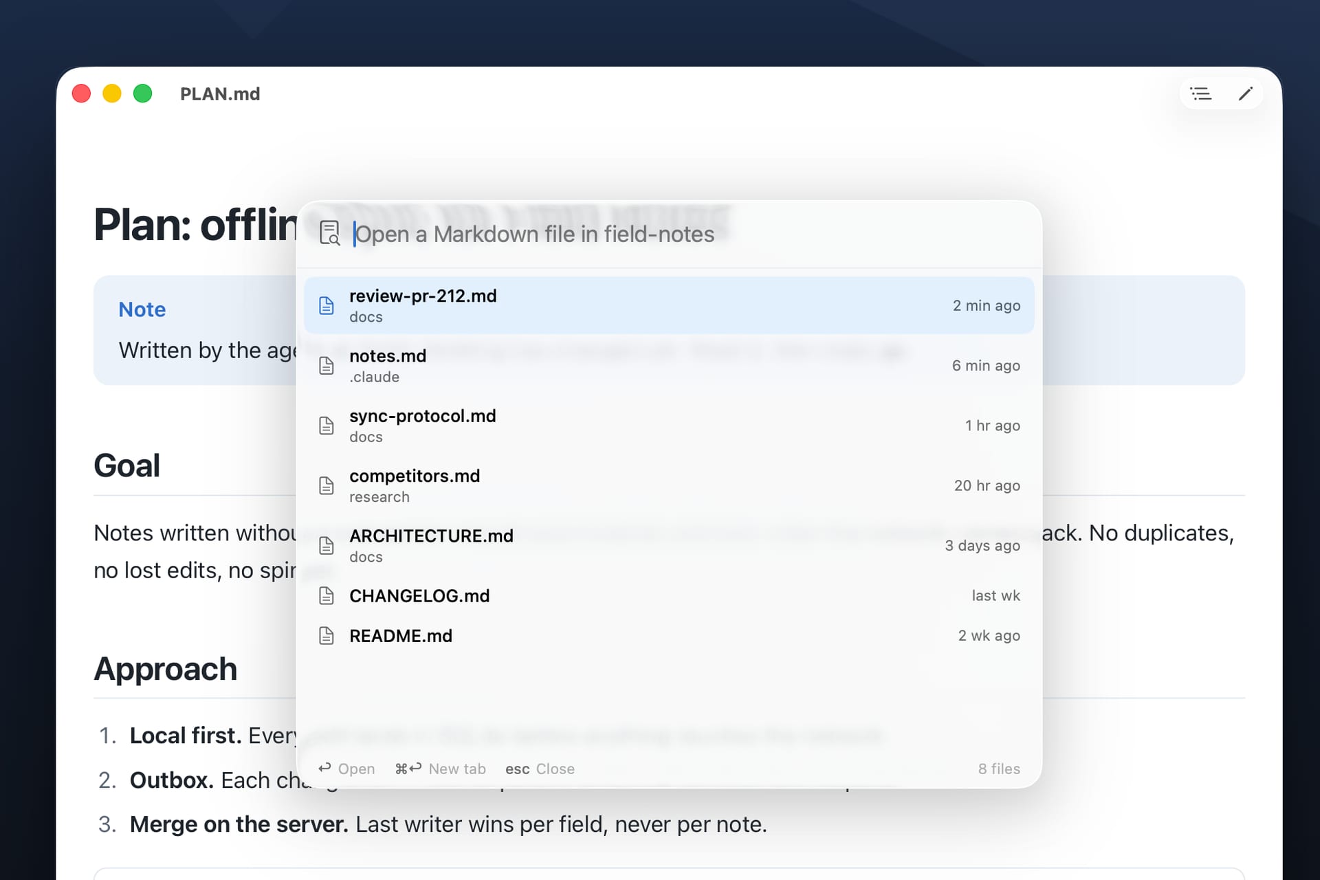 Open Quickly listing a project's Markdown files, newest first, including notes.md inside .claude